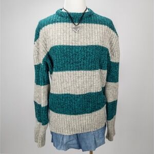 Vintage USA Wool Stripe Sweater - Chunky Knit Green‎ Gray Ribbed Pullover